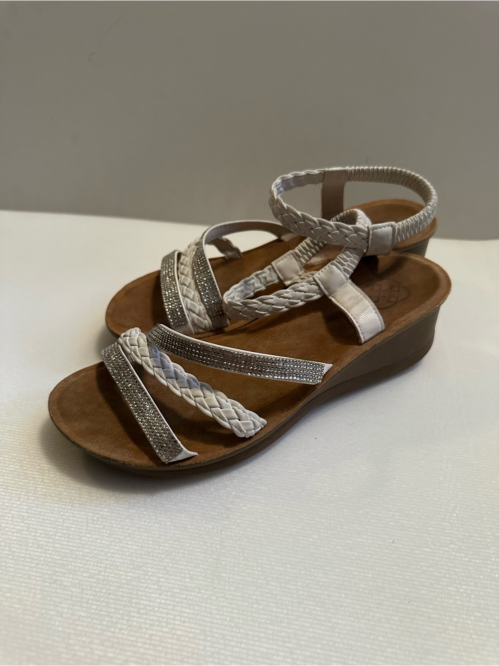 Braided Rhinestone Ankle-Strap Sandals in Light Beige